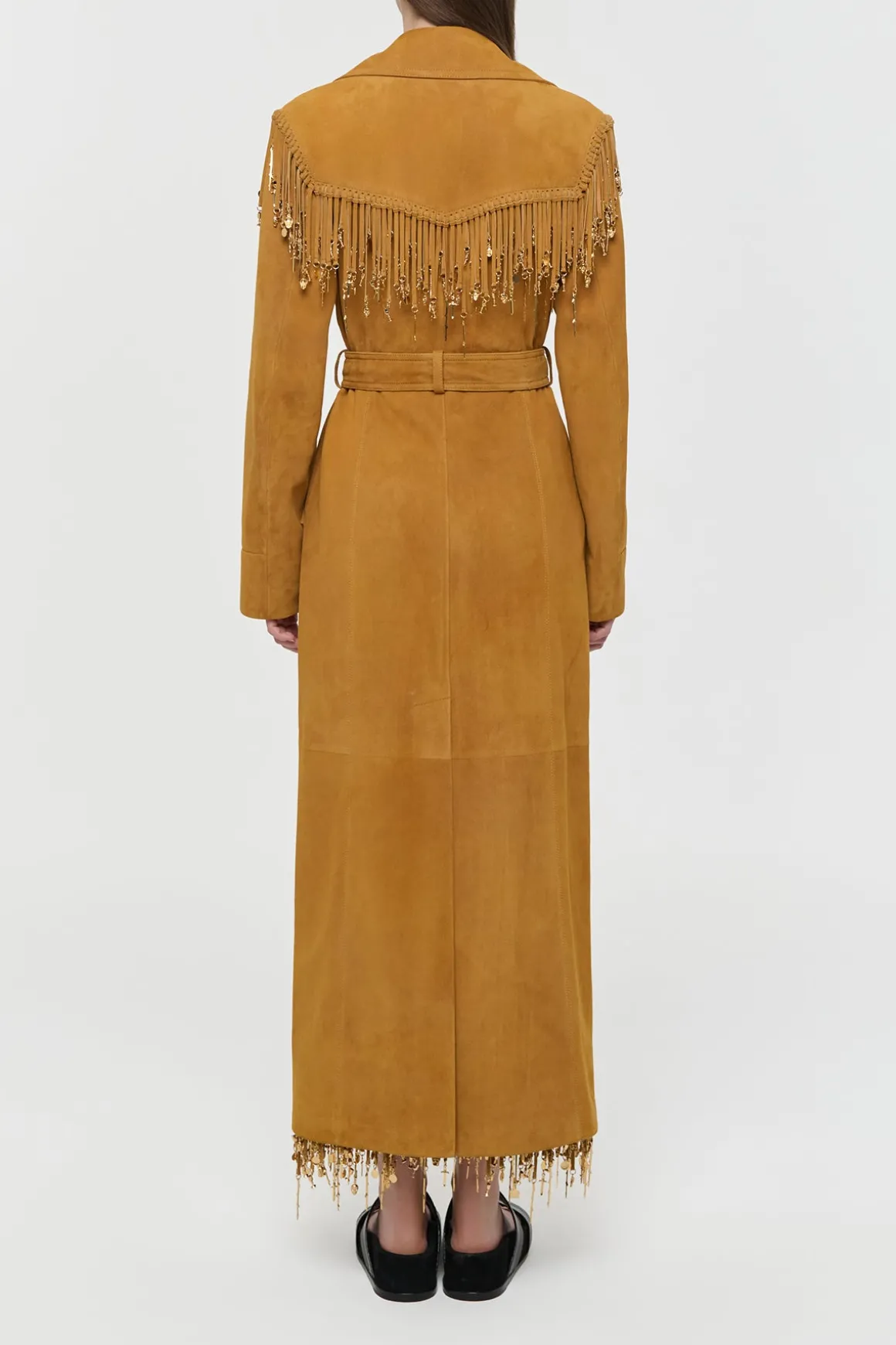 Thaniel Fringe Trench Coat in Cashew Suede with Charms