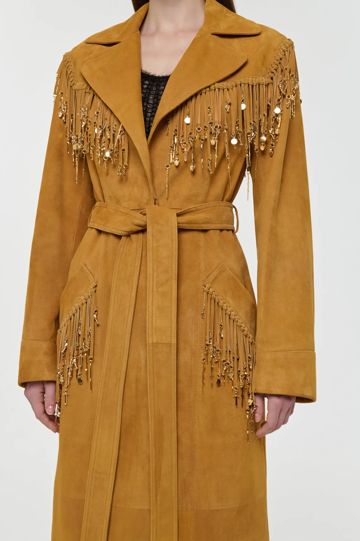 Thaniel Fringe Trench Coat in Cashew Suede with Charms