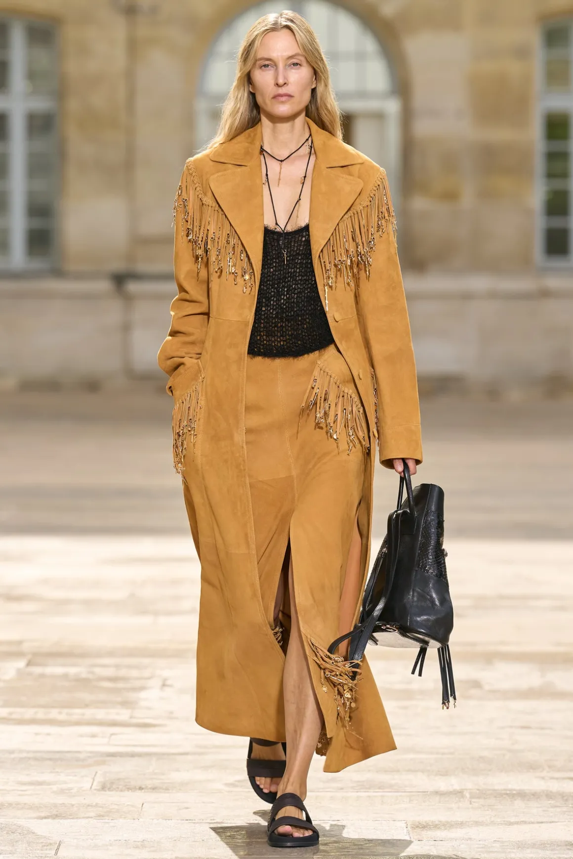 Thaniel Fringe Trench Coat in Cashew Suede with Charms
