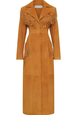 Thaniel Fringe Trench Coat in Cashew Suede with Charms
