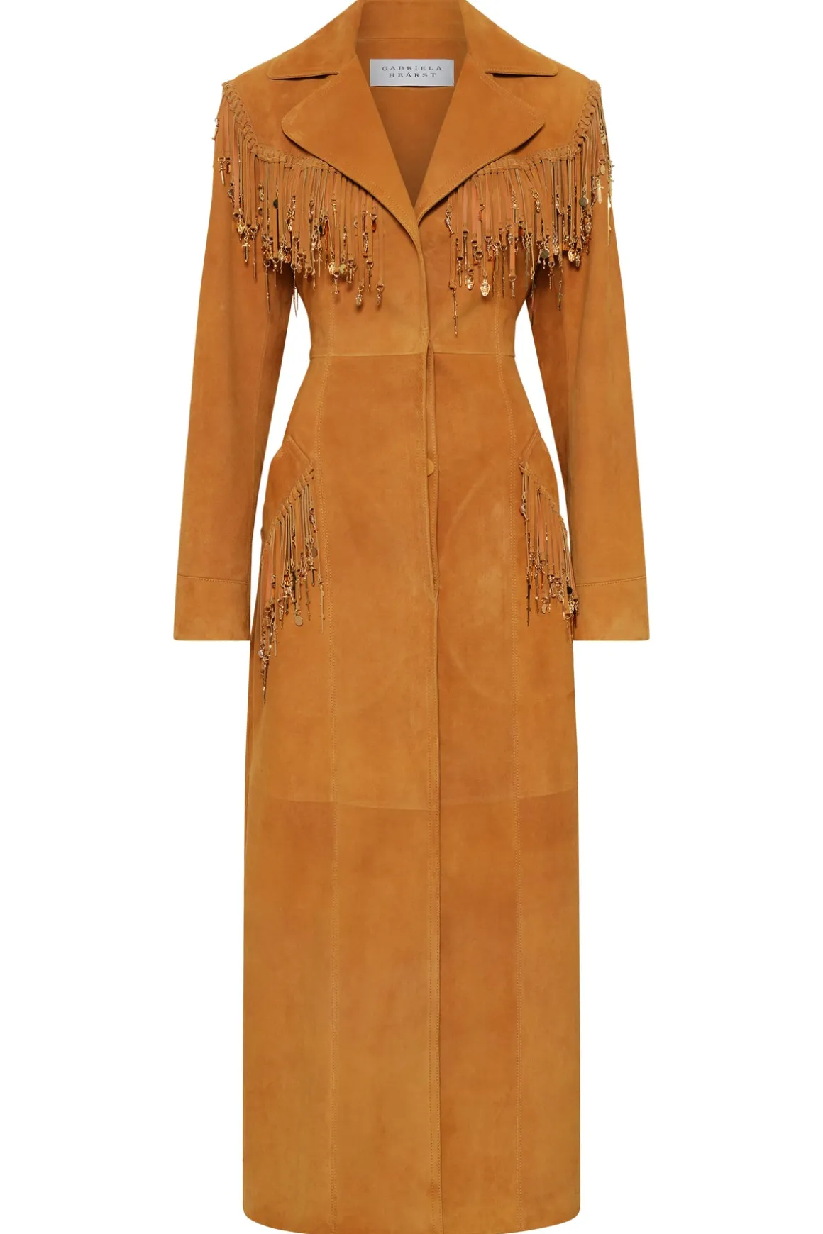 Thaniel Fringe Trench Coat in Cashew Suede with Charms