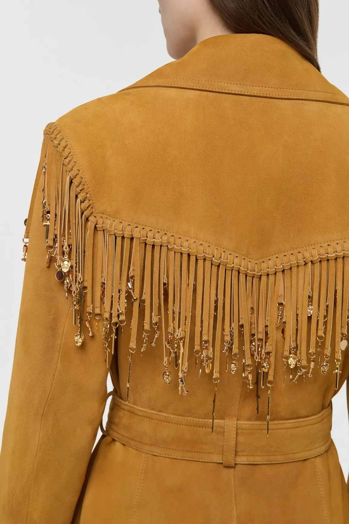 Thaniel Fringe Trench Coat in Cashew Suede with Charms