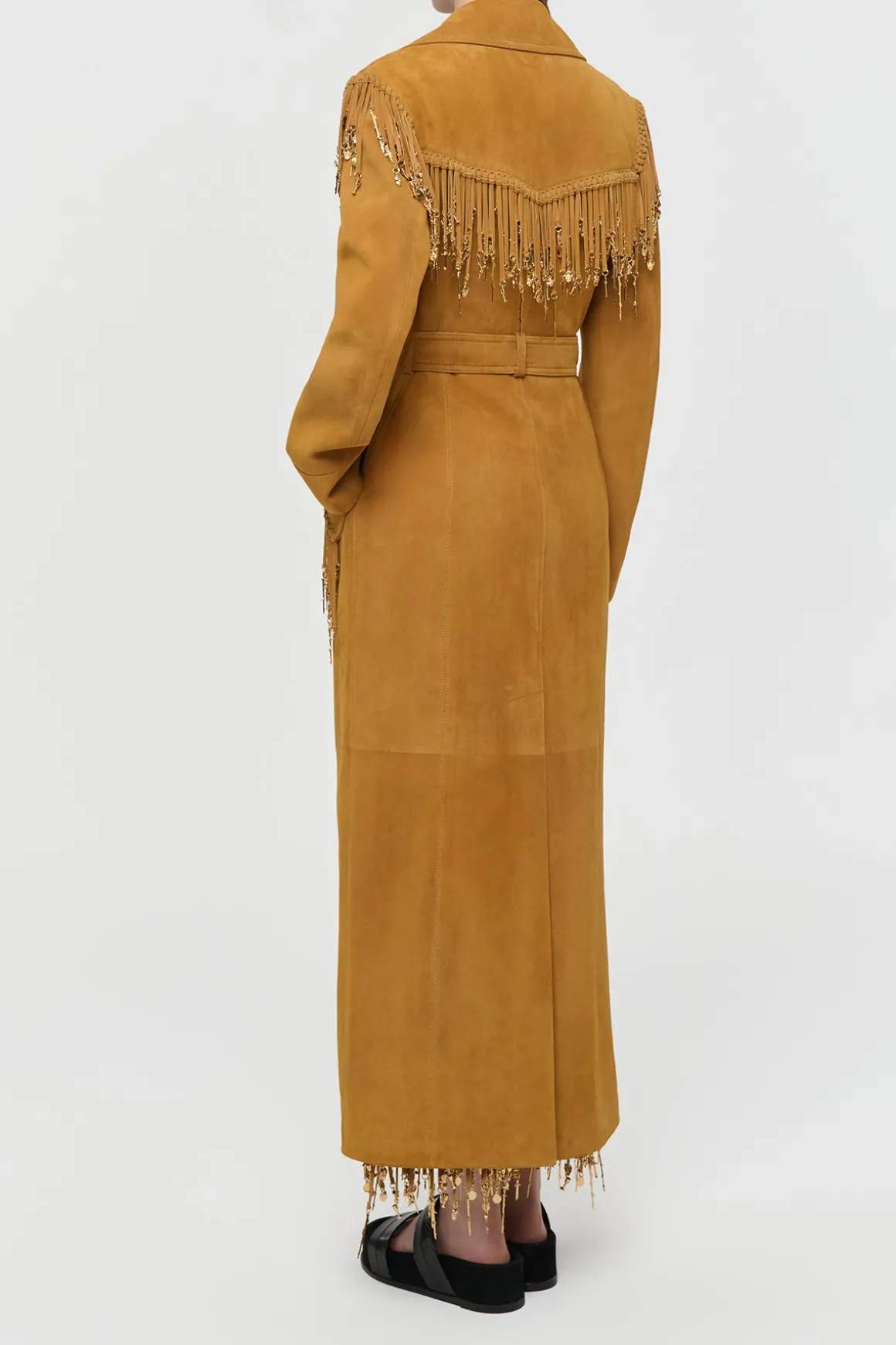 Thaniel Fringe Trench Coat in Cashew Suede with Charms