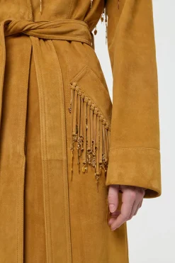 Thaniel Fringe Trench Coat in Cashew Suede with Charms