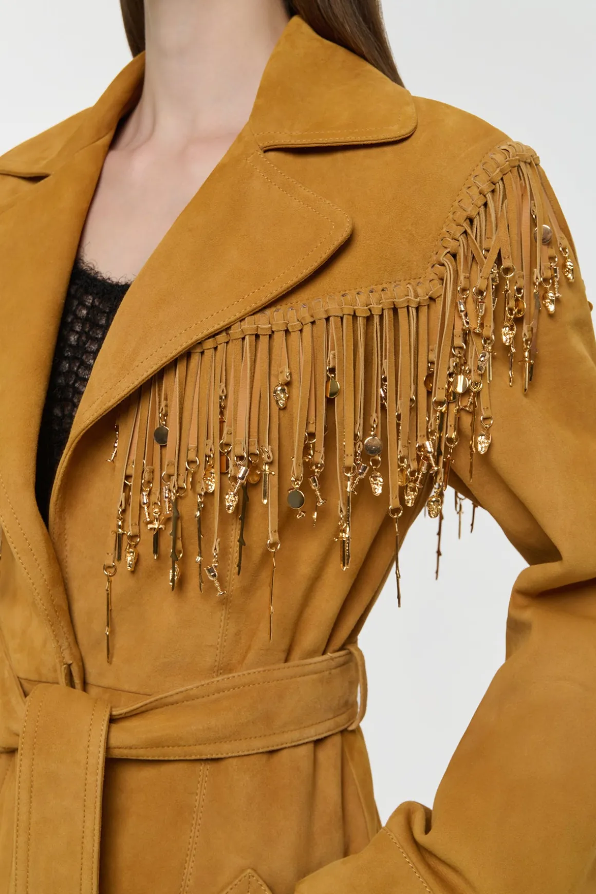 Thaniel Fringe Trench Coat in Cashew Suede with Charms