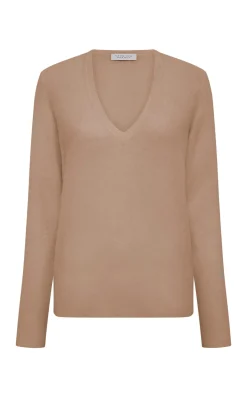 Vesper Knit V-Neck Sweater in Camel Brushed Cashmere