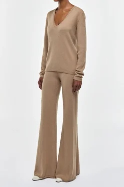 Vesper Knit V-Neck Sweater in Camel Brushed Cashmere