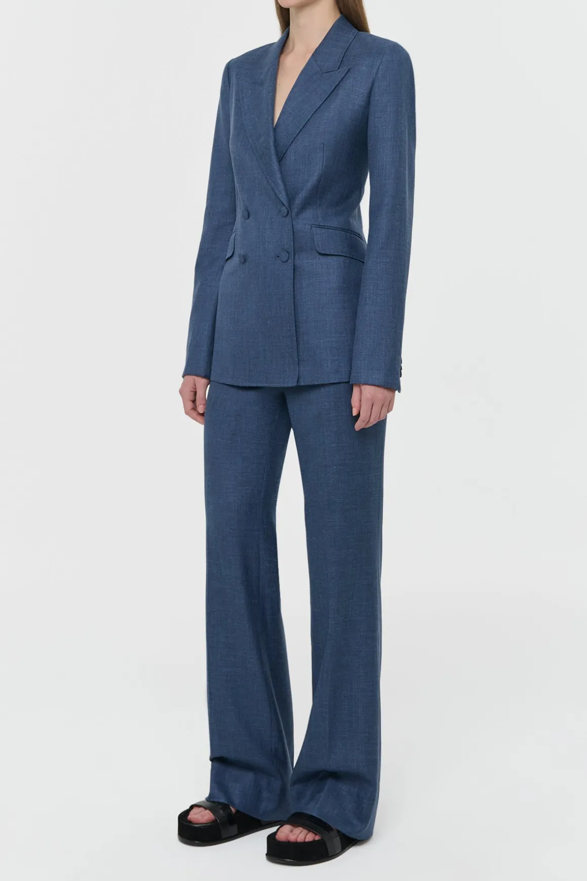 Vesta Flare Pant in Denim Virgin Wool Silk with Linen
