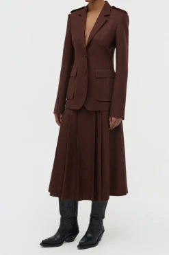 Wesley Pleated Midi Skirt in Burnt Sienna Wool Cashmere Flannel