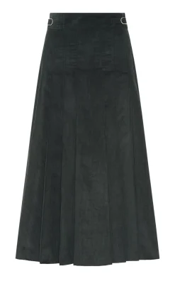 Wesley Pleated Midi Skirt in English Green Sea Island Cotton Corduroy
