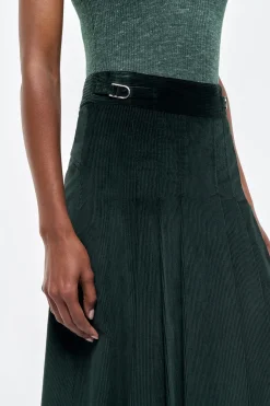 Wesley Pleated Midi Skirt in English Green Sea Island Cotton Corduroy
