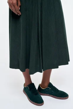 Wesley Pleated Midi Skirt in English Green Sea Island Cotton Corduroy