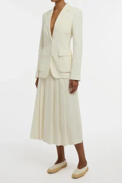 Wesley Pleated Midi Skirt in Ivory Sea Island Cotton Corduroy