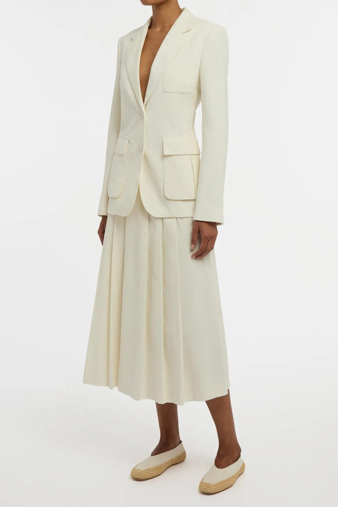 Wesley Pleated Midi Skirt in Ivory Sea Island Cotton Corduroy