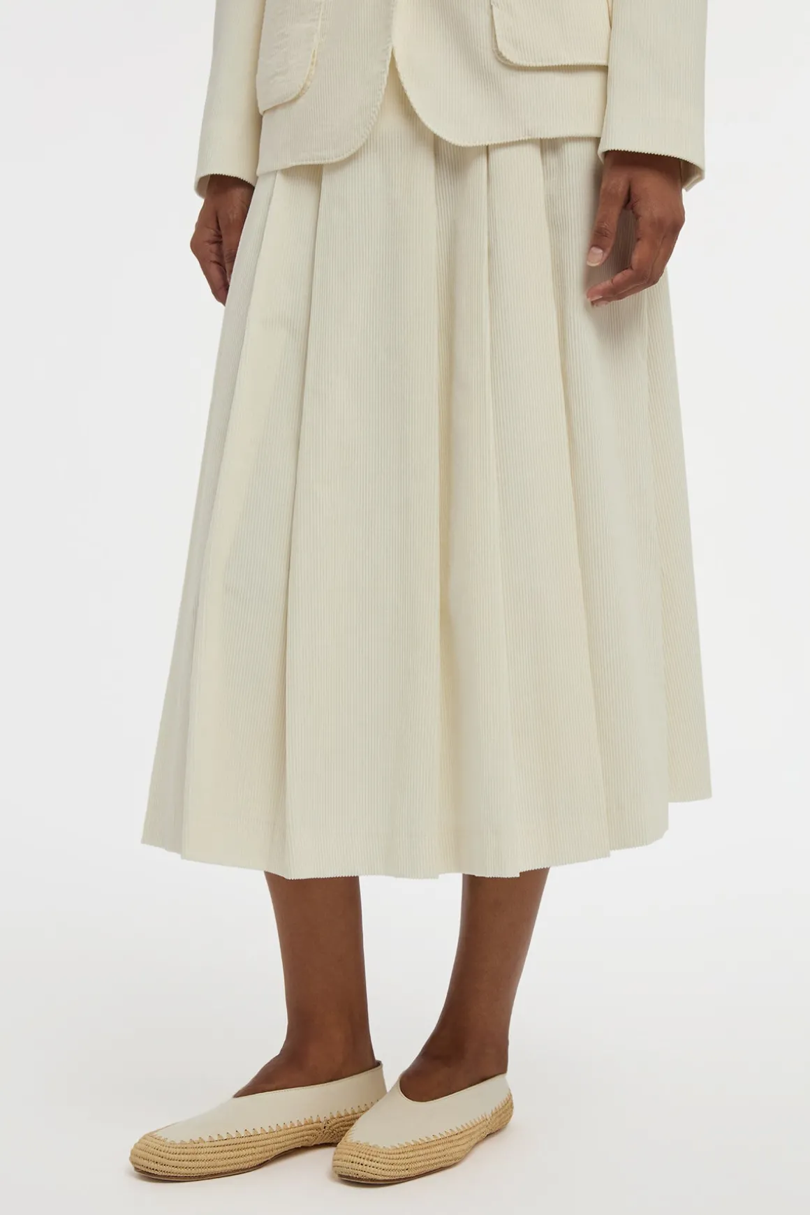 Wesley Pleated Midi Skirt in Ivory Sea Island Cotton Corduroy