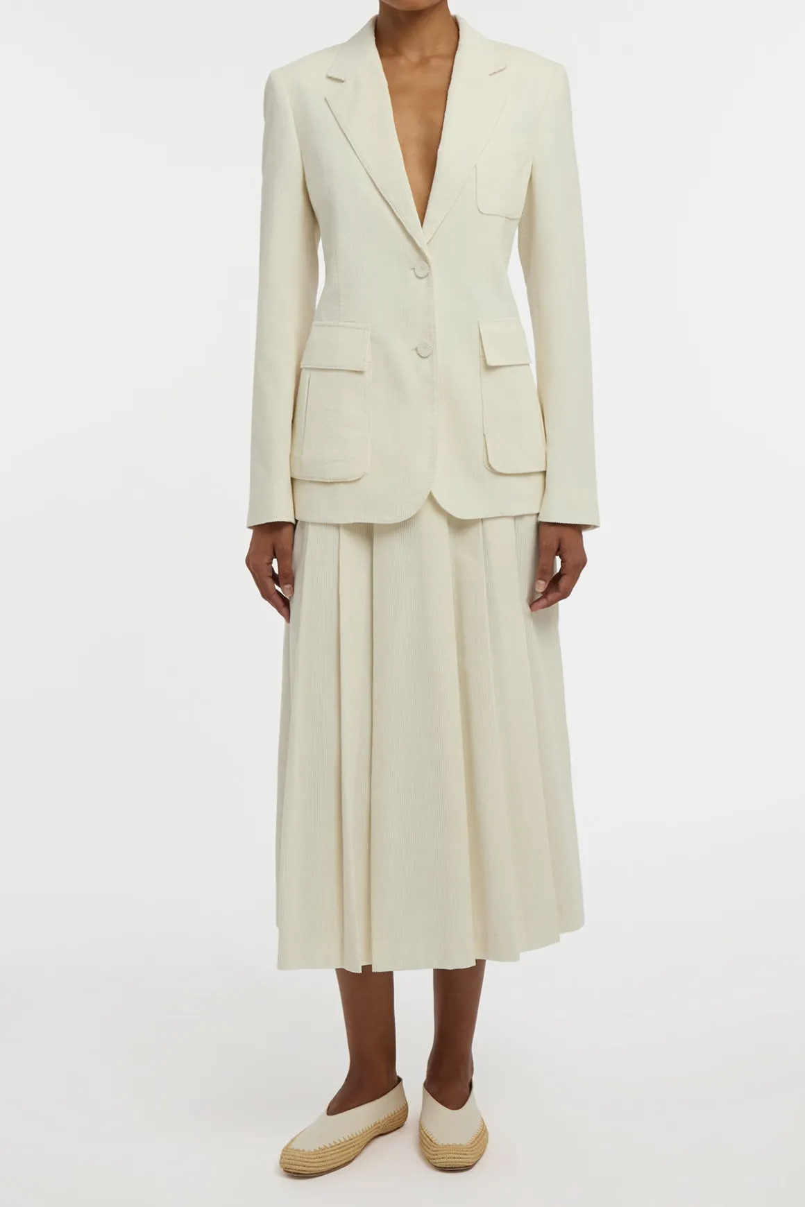Wesley Pleated Midi Skirt in Ivory Sea Island Cotton Corduroy