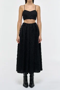Zelia Embroidered Leaves Maxi Skirt in Black Linen