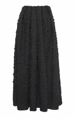 Zelia Embroidered Leaves Maxi Skirt in Black Linen