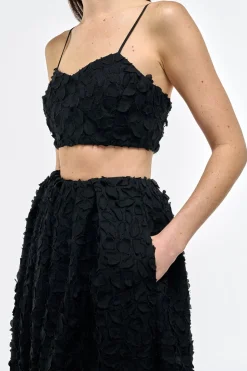 Zelia Embroidered Leaves Maxi Skirt in Black Linen
