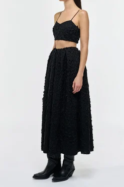 Zelia Embroidered Leaves Maxi Skirt in Black Linen