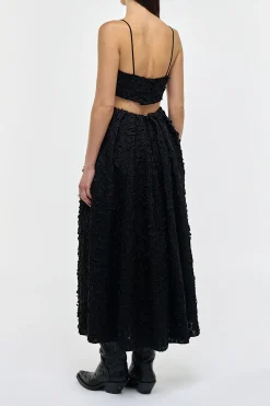 Zelia Embroidered Leaves Maxi Skirt in Black Linen