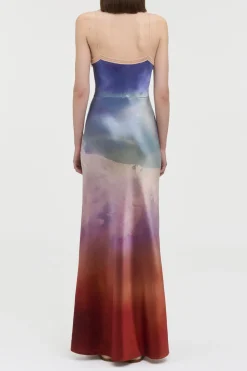 Adolphine Slip Maxi Dress in Mountain Printed Satin Silk Twill