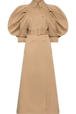 Aeon Puff Sleeve Trench Coat in Camel Sea Island Cotton Twill