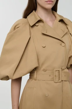Aeon Puff Sleeve Trench Coat in Camel Sea Island Cotton Twill