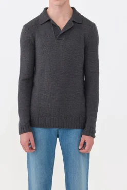 Aled Knit Polo in Charcoal Cashmere