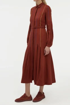 Aleka Pleated Midi Shirtdress in Burnt Sienna Multi Aloe Linen