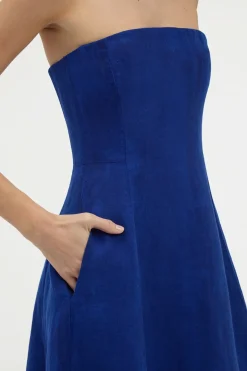 Alessia Strapless Maxi Dress in Cobalt Multi Linen Twill